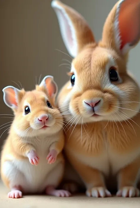 One of them, a hamster and a rabbit. Looking straight into the camera.