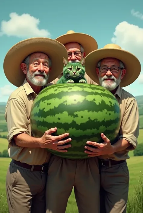 Three men wearing straw hats are holding a watermelon that has a green cat inside it.