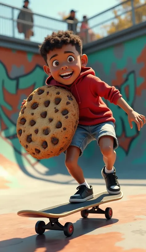 A skateboarder holding a fat, chubby chocolate chip cookie in his hand; scenario (an urban skate park; graffiti on the walls); high quality, foreground, Depth of field, OctaneRender 8K, 