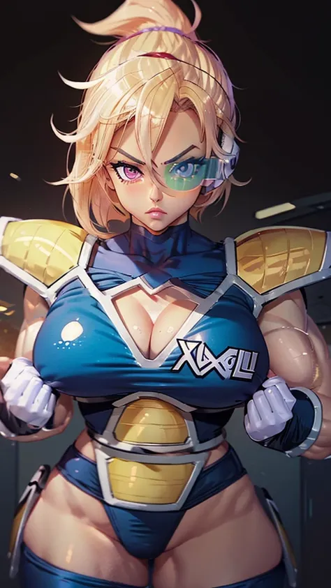 A blonde girl with muscular body and arms, six pack abs, thick eyebrows, thick eyeliner, raising right eyebrow, eyelashes , lip filler, serious expression,Saiyan Scouter, Saiyan_Scouter, scouter, saiyan armor, tinted eyewear, 