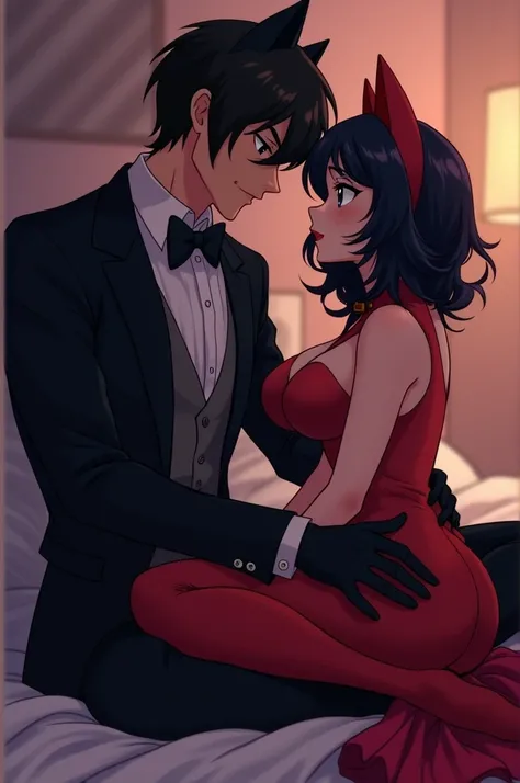 Marinette feels embarrassed as she sits on Cat Noir&#39;s lap on his bed.. The large breasts on display, Cat Noir&#39;s hands grip her waist tightly, bringing her closer. He looks at her with a seductive and charming look