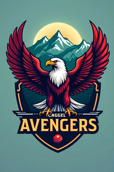 Pokhara avengers logo with eagle , mountain and cricket bat ball in it