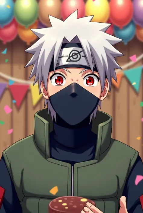 Happy birthday at a background for cartoon character Kakashi hatakae with red eyes like middle age man like smiling beautiful image