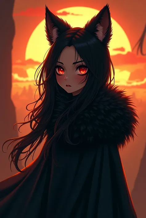 Dont Starve style, masterpiece, best quality, ultra-detailed, illustration, 1girl, black long hair, full red eyes, wolf ears, black mantle, fluffy collar, sunset