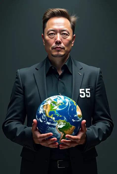 Elon Musk with the number 55 on his right chest. He has the world in his hands and there is nothing to be done