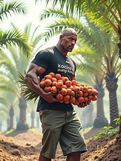 Dwayne Johnson carrying an oil palm bunch in a oil palm plantation wear a black shirt written as ROSROS MANGI KIMBE. 