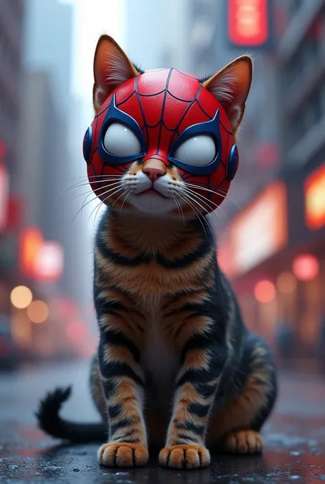 A cat wearing spyder mans  helmet