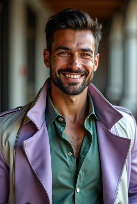 realisticic, Italian man, physicist and handsome, smiling , strong and muscular legs, large lump, casual dress, Oxford Shirt, Elegant lavender and white and metallic silver and green trench coat Elegant and fashionable, Perfect face, perfect eyes, with bea...