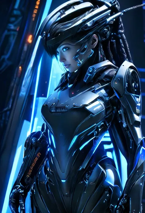 A woman wearing exoskeleton cyber armor, The armor fits snugly、((She has a plasma gun in her hand)), Full body photo, Maximum details, Superior quality through precise drawings, 8k,chest, blue eyes,  High resolution, 超High resolution, Best Quality, Shortcu...