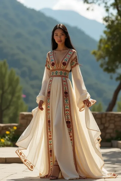 Original, beautiful and elegant university graduation dress with touches of embroidery from the Peruvian Andean culture worn on an Andean woman