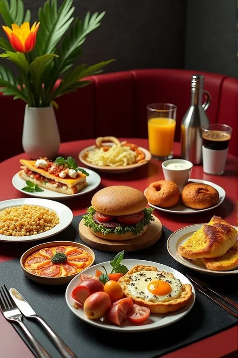 I want a realistic image of breakfast on a set table, that shows a São Paulo couscous, a stuffed beiju, a hamburger, a French bread with a fried egg inside,a slice of bread with cheese and ham inside ,an appetizing coxinha and a small pizza. The image must...