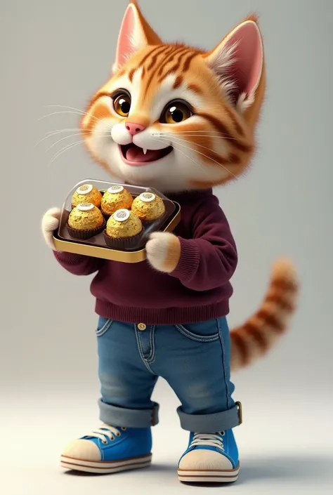 A tabby kitten wearing jeans, a dark wine colored long sleeve shirt and blue sneakers, with a hoop earring in one ear, holding a box of Ferrero Rocher chocolate and smiling happily