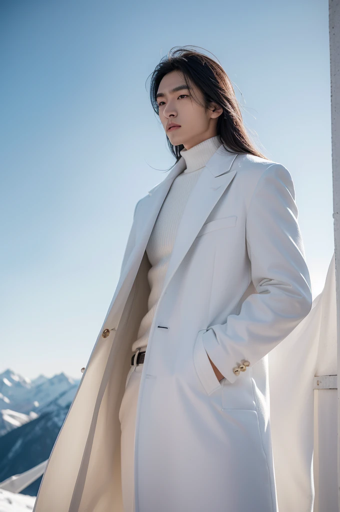 8k, Masterpiece, 2 Asian man，Thin eyebrows，watermelon seed face，Eyelid, Handsome face，Upper part of male body ，Mountains in the background, The time is night time。Dark blue sky，full moon，His skin is fair.，He has a slender figure.,  His limbs have distinct ...