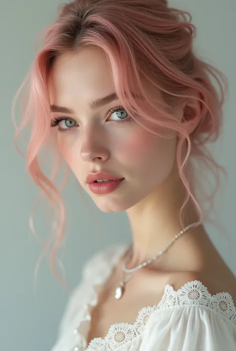 Woman abina , with light cherry pink hair and eyelashes, eyes like white crystal, with a white linen dress