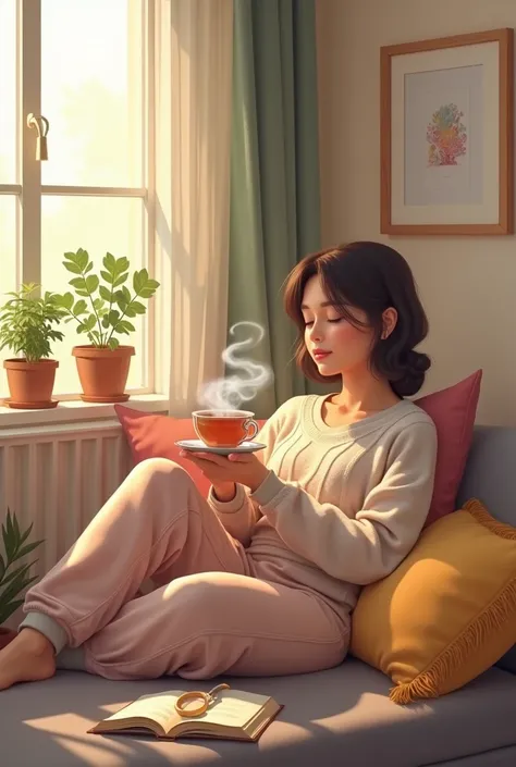 "A woman in her early 30s is relaxing in her cozy living room. She is dressed in a cozy knit top and sweatpants., sitting on a soft sofa near a window that lets in the soft late afternoon light. next to her, there is a steaming cup of tea and an open book....