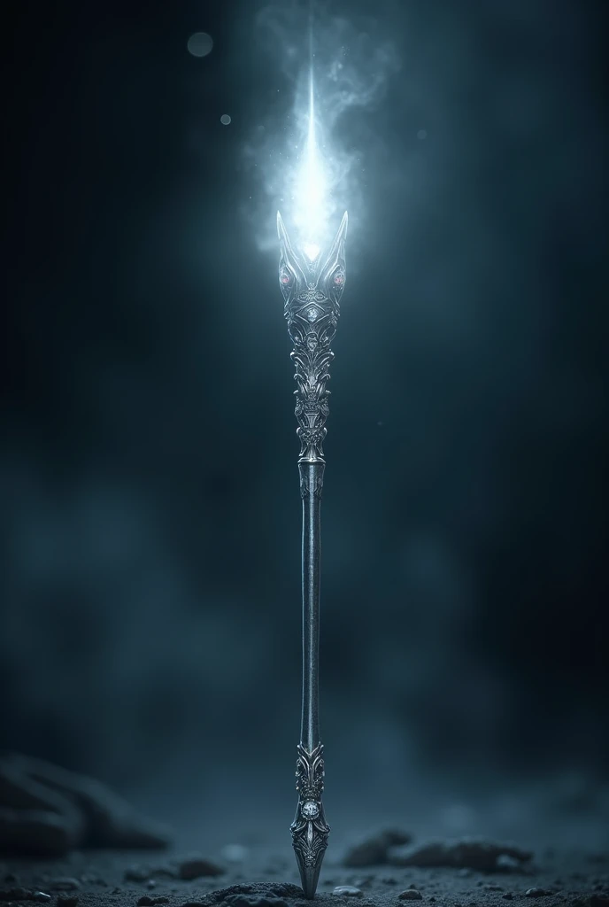 A silver wand with a few decorations that emits a white light from its tip.