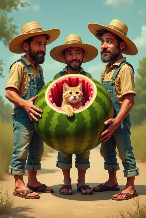 Three men wearing straw hats are holding a watermelon that has a cat inside it.