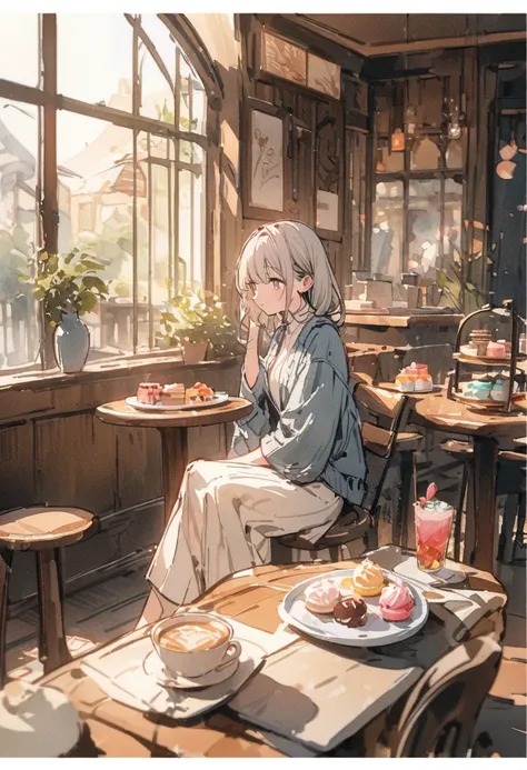 masterpiece,最high quality,Very detailed,High Resolution Backgrounds,8k,Nothing,high quality,break,Japanese manga style, sketch, Watercolor colors,A cozy cafe,Ancient interior,Stylish interior,girl,slowly,relax,sweets, 