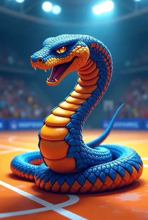 create a handball team mascot with a blue and orange shirt. Its a snake


