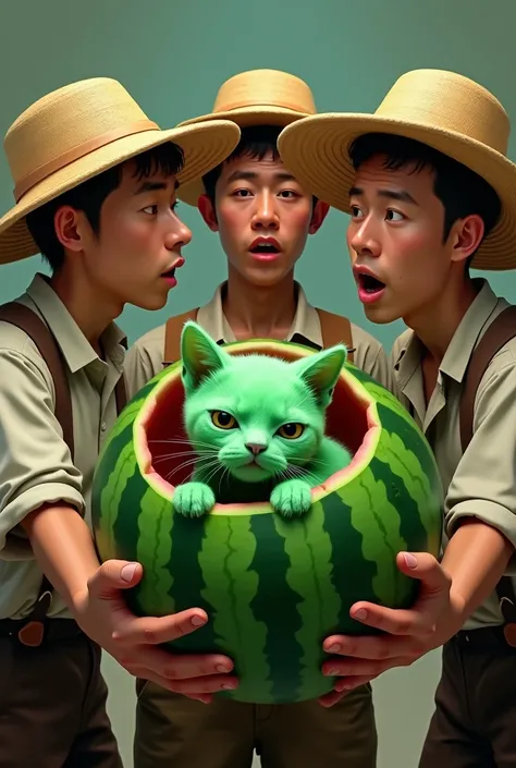 Three men wearing straw hats are holding a watermelon that has a green baby  cat inside it.