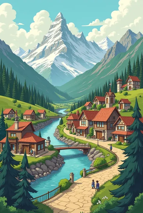 small town surrounded by mountains and rivers, in drawings 