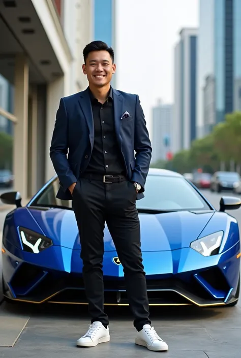 Full body photo of an Indonesian man smiling friendly, handsome Asian man with a clean face, neatly cut hair, wearing a black shirt, elegant dark blue jacket, black pants, white sneakers, driving a blue Lamborghini Aventador car with gold rims, the locatio...