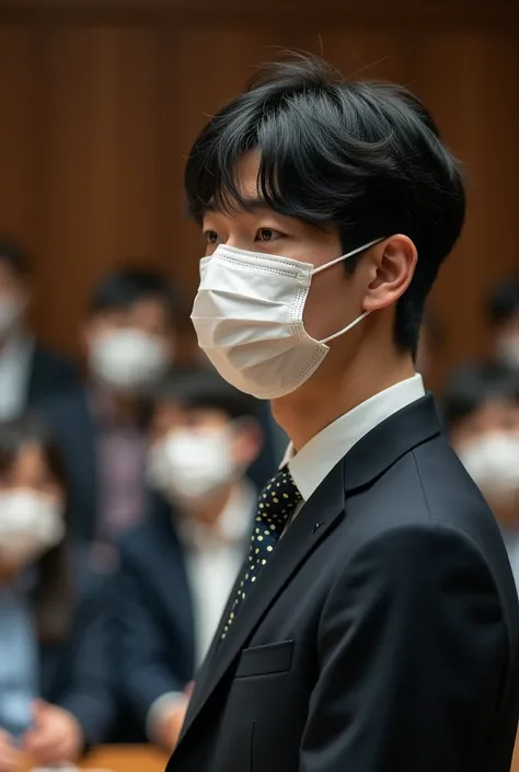 A Japanese  20 year young boy speak Japanese front of the Audience  he is wear mask on her face