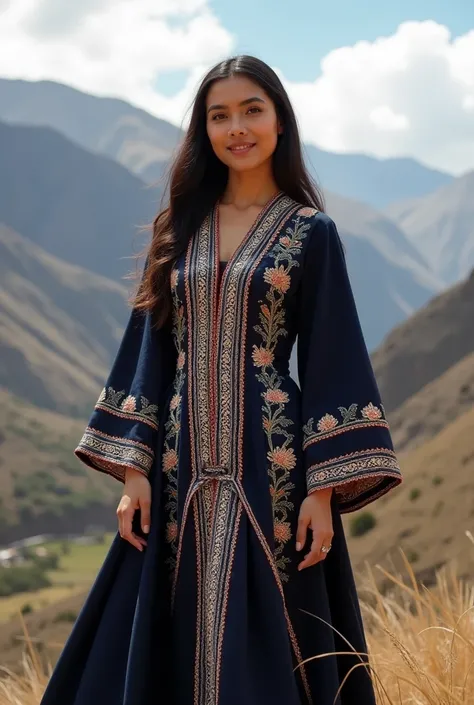 Original and personalized university graduation dress, beautiful and elegant with touches of embroidery from the Peruvian Andean culture worn on an Andean woman