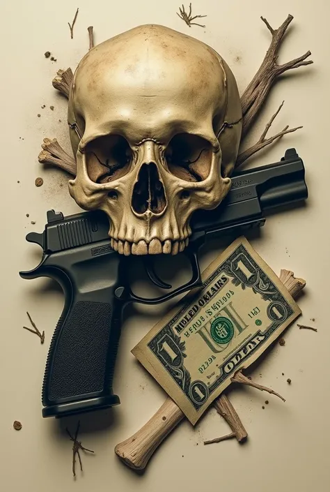 A small tattoo of $1 dollar next to a gun and a skull all glued together 
