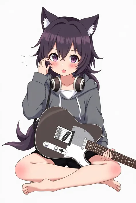 Cross-legged、Telecaster、Electric guitar、girl、 headphone、Shorts、hoodie、Wolf Hair、Dark purple hair、Blushing, Illustration, Anime Style, Open your mouth a little, 