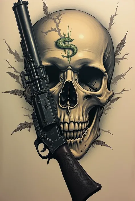 A small tattoo of $1 dollar next to a gun and a skull all glued together in a unique style 
