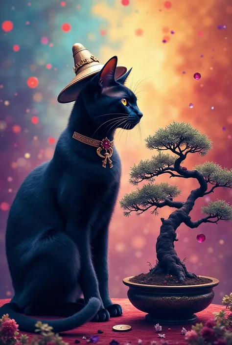  sacred cat with hat protecting black sacred bonsai with purple color background, rosa, light blue, yellow, orange, dark blue, wine and white lively style