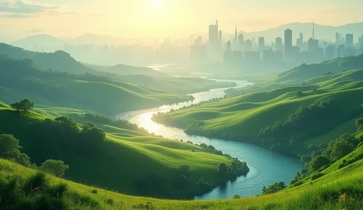 "Create an ULTRA REALISTIC image of a vast thriving world, with green fields, crystal clear rivers and a city illuminated by a soft light in the distance. The setting should evoke peace and harmony, with a distant horizon that TRANSMITS DEPTH."