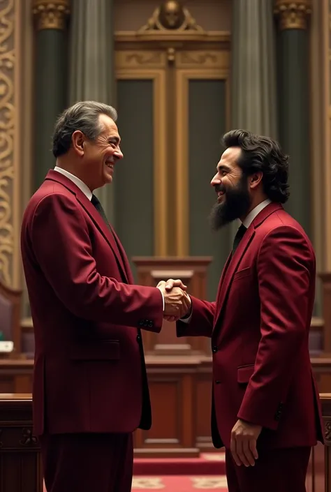 Luís Inácio Lula da Silva wearing a red burgundy suit shaking hands with Che Guevara wearing a Red Burgundy suit laughing at the chamber of deputies 