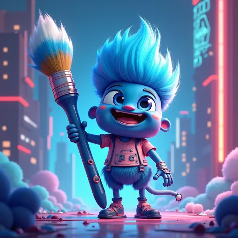 Create a character design for an IP mascot that embodies a futuristic, anthropomorphized giant paintbrush. The paintbrush has a cute and playful demeanor, with a sleek, elongated blue handle featuring futuristic patterns and glowing accents. Its bristles a...