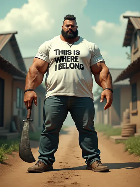 The weekend in a muscular form holding on to a machete and standing in the middle of a village,wearing a white shirt that says this is where I belong, realistic 