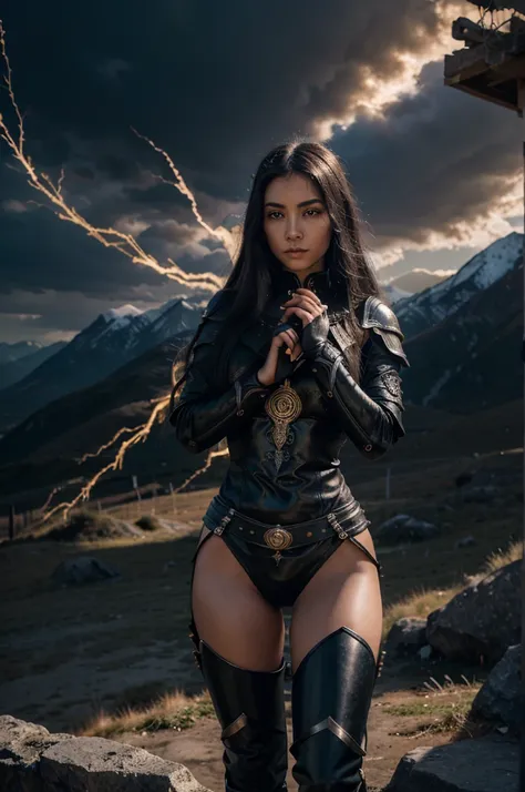 Imagine a fierce warrior girl with long, flowing hair and piercing eyes, wearing intricate armor that blends dark and light elements. Her armor reflects the duality of yin and yang, with half of it dark and the other half shining in a radiant light. She ho...