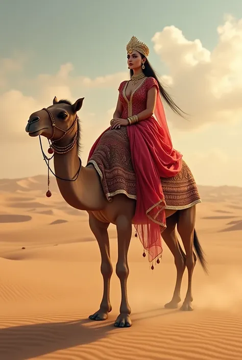 An indian Rajputana Queen, beautiful 40 years old pregnant woman, dressed in rajputana traditional dress, very beautiful, preppy, few plump body, very very big tits, very very big butt, riding on camel in the desert.