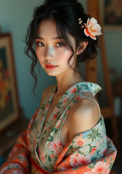 Realistic photos, Shooting at an angle, full body, masterpiece, (Best Quality), 8k,(((Very detailed))), Race:1.8, Super intricate Race pattern, colorful Race pattern, (Orchid style beautiful and cute floral kimono:1.5), (One shoulder is exposed:1.3), Black...