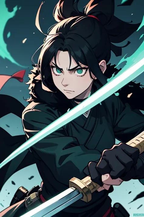 1 female in jujutsu kaisen , green eyes , black fur, Fighting with a sword with cursed energy, arrogant smile 