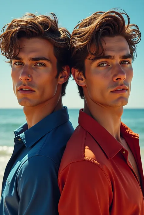 Men&#39;s twins,brown hair,honey colored eyes,Tanned skin and blue and red clothing