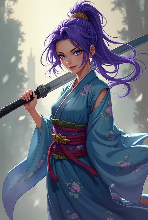 An ONI hunter, woman, purple hair and dark blue eyes, serena, with a gentle smile on his face, Demon slayer style art