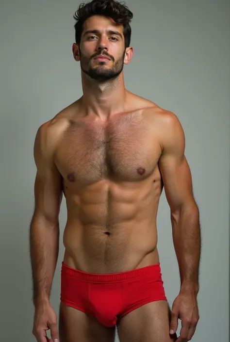 A 3 Brazilian man in red underwear with a normal body, not muscular, hairy thighs 