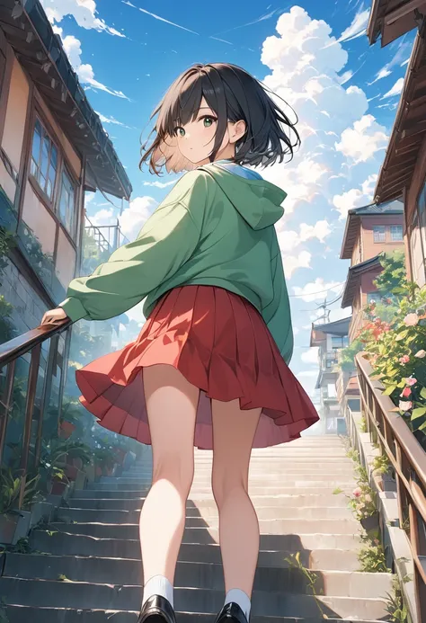 anime、((Amazingly absurd)),(masterpiece:1.2),超High resolution, Attention to detail, high quality, High resolution, 最high quality, 4K, 8k、Green hoodie、Red Skirt、Black Hair、Short Hair、cute、Climbing the stairs、Stairs to a brighter future,Dazzling Background,B...