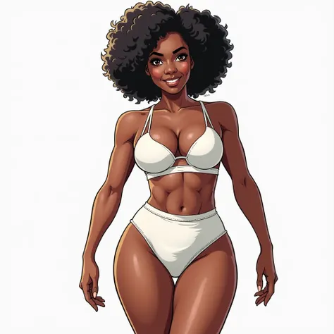 ((masterpiece, best quality)), ((((perfect anatomy)))), Black woman with large black afro, dark eye-shadow, dark brown eyes, ((white high cut cotton panties)), white cotton bra, smiling, realistically proportioned, (((no penis bulge))), standing in a bedro...