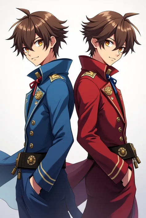 Twins men anime bnha,brown hair,honey colored eyes,Tanned skin and blue and red clothing