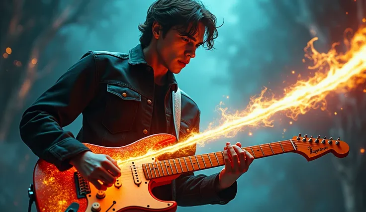 a young man playing electric guitar, photorealistic, hyperrealistic, highly detailed, intricate, masterpiece, ultra-detailed, extremely detailed, 8k, best quality, cinematic lighting, epic fantasy, surreal, dreamlike, mystical, glowing sword, slicing throu...