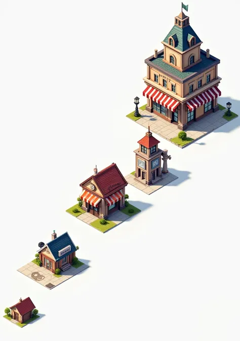 Help me generate a series of game icons，Requires size to remain unchanged，commissary（A humble little house，There is a small sign in front saying shop），Small Shop(A slightly more beautiful house)，Small supermarket（There are some complex small houses)，Big su...