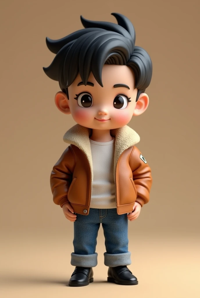 a Chibi version of Mirai Gohan from DBZ Future of Trunks used a wearing a brown jacket, the brown jacket is specifically a Shearling leather Bomber jacket.
under a white blouse and blue jeans and black shoes.