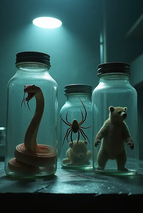  snake  and spider and bear in each laboratory jars for a horrible experiment

